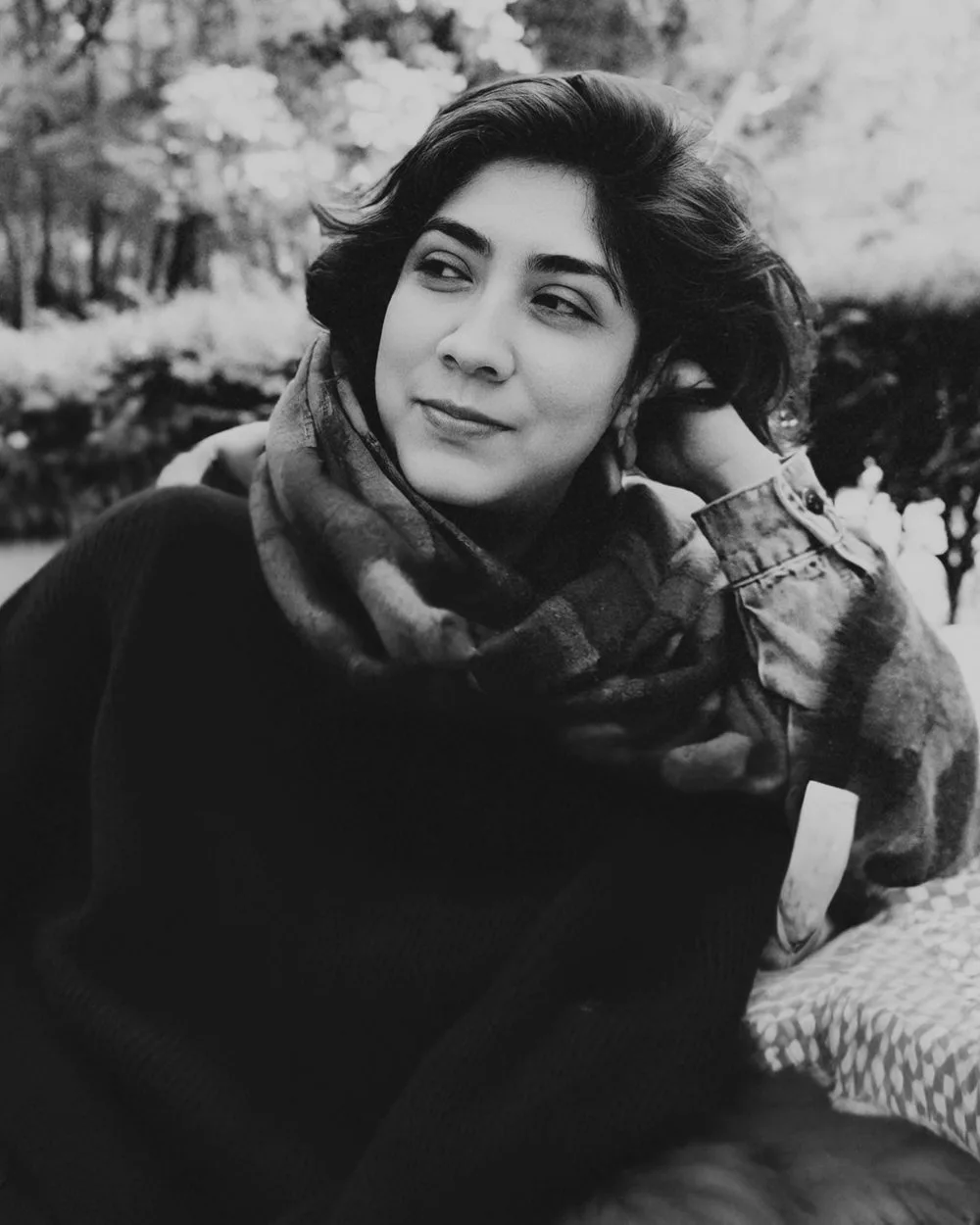 Black and white portrait of Hellen H. Castro, Mexican film director