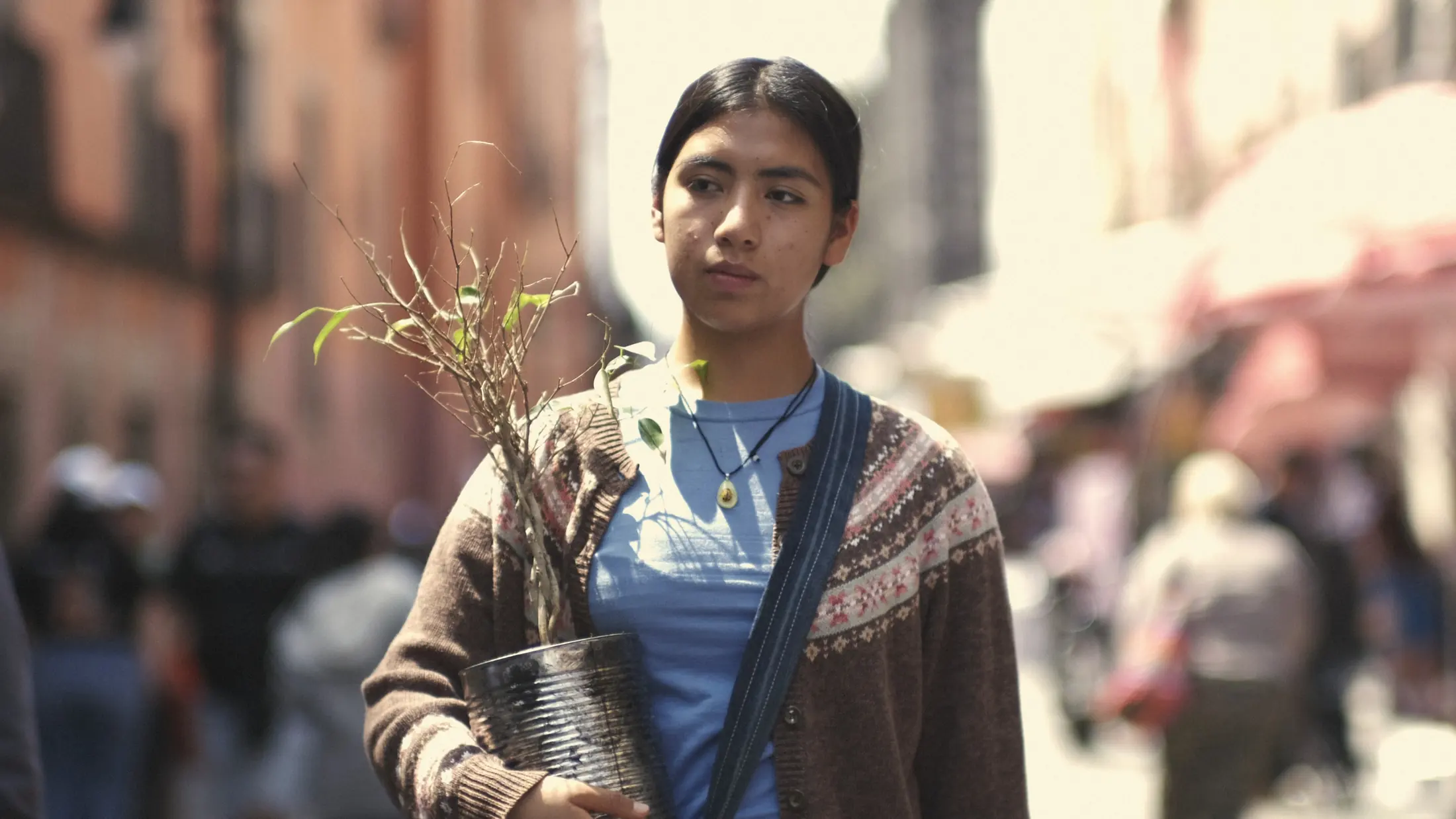 Judith, the lead of Podar el viento, walks down a Mexico City street holding an apple tree in a tin pot
