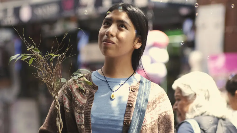 Judith looks up among market stalls