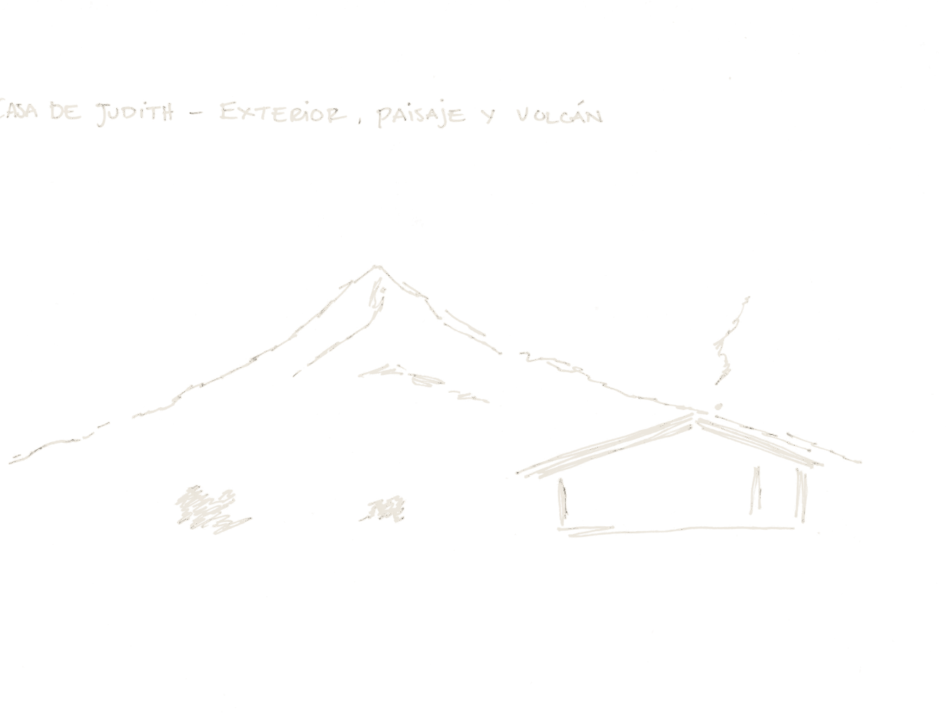 Hand drawing: a country house in front of a volcano