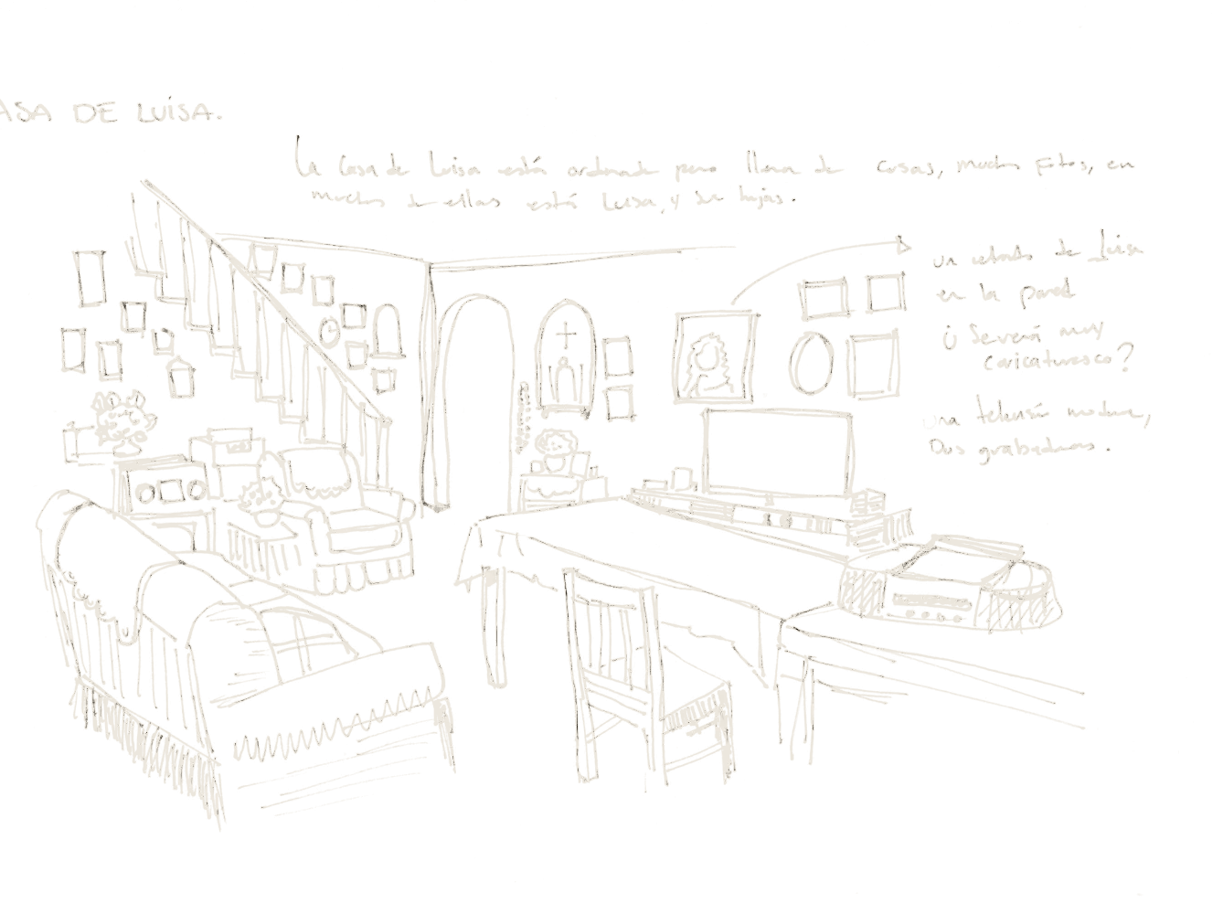 Hand drawing with notes: the living room of Luisa’s house