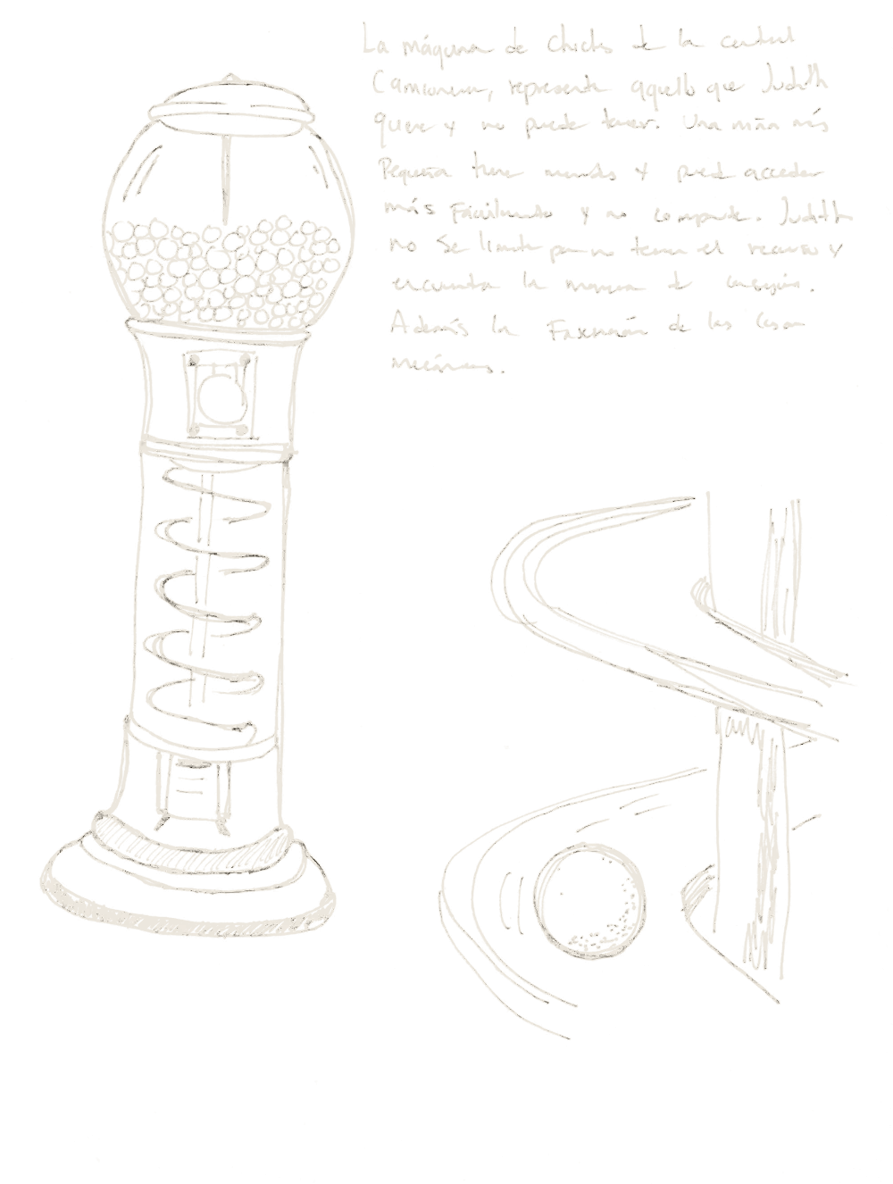 Hand drawing: a gumball machine with its spiral slide