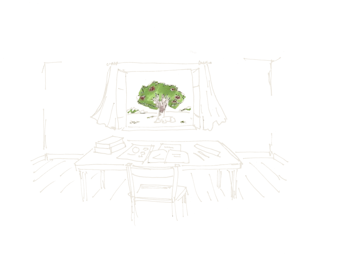 Hand drawing: a work table by a window with a tree