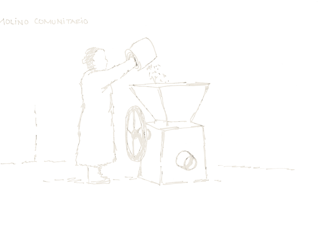 Hand drawing: a woman grinds corn at a community mill