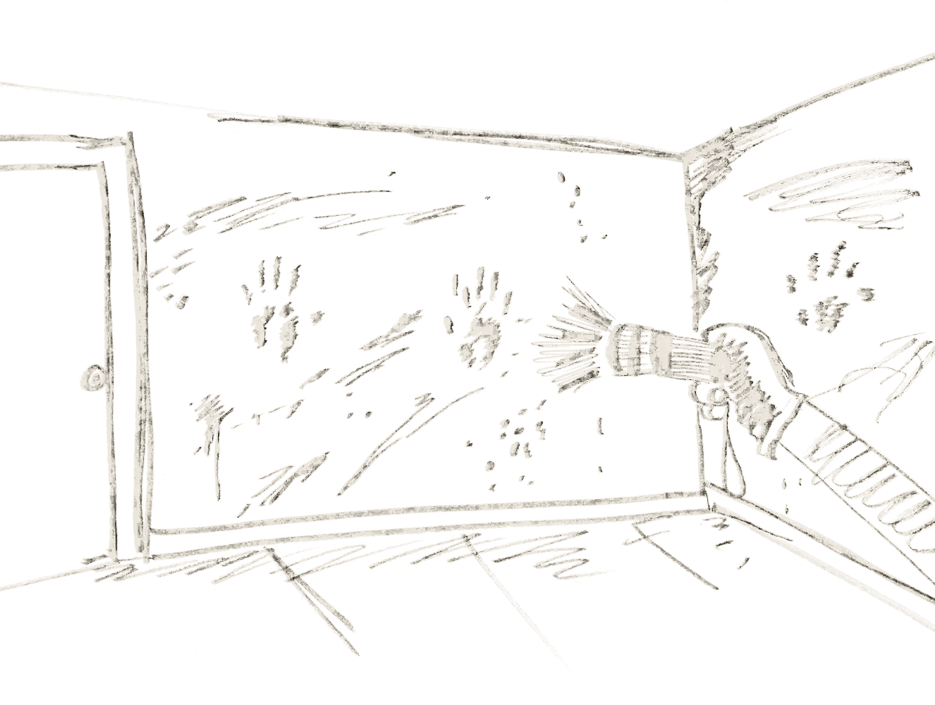 Ink drawing: a wall marked with handprints