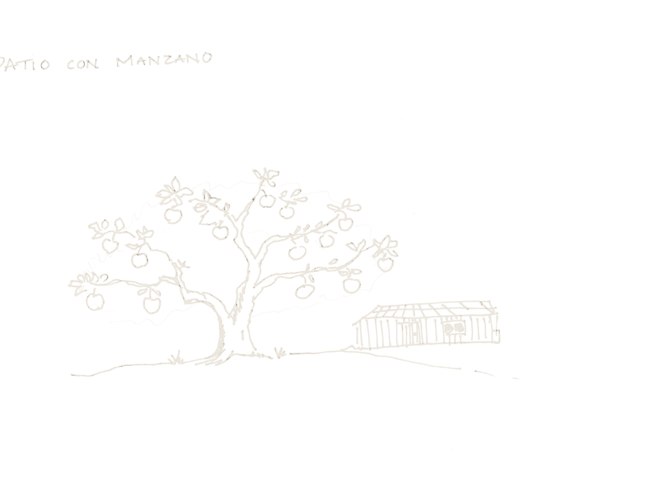 Hand drawing by Hellen H. Castro: an apple tree in front of a tin-roofed house