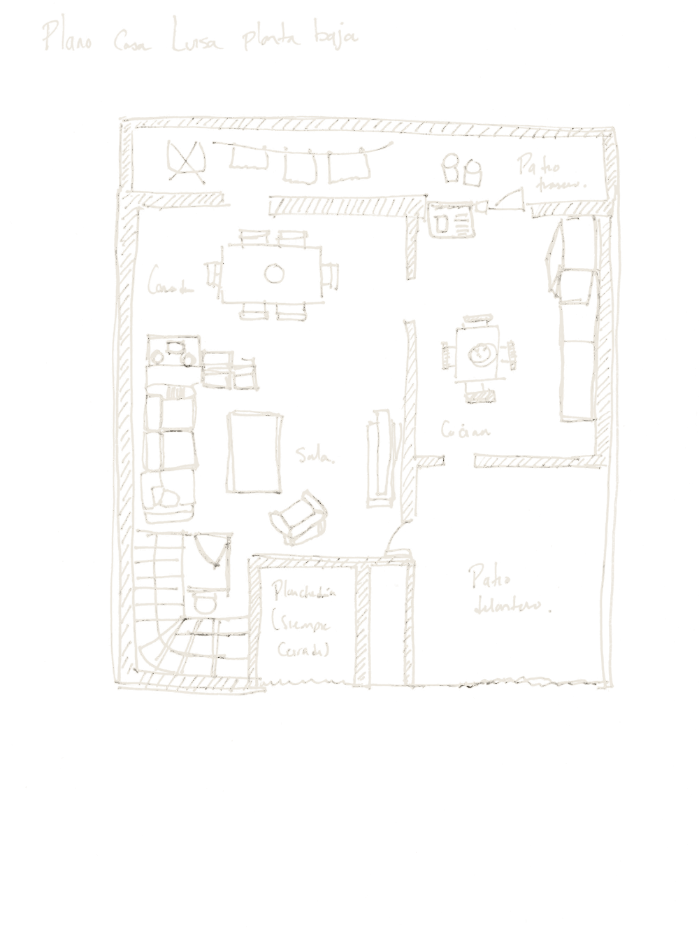 Ink drawing: ground-floor plan of Luisa’s house