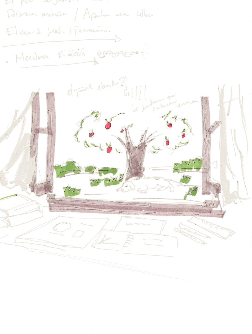 Color hand drawing: the window of Judith’s room with an apple tree